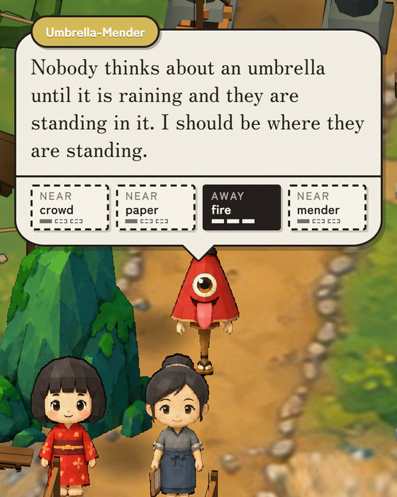 An arrival on a phone: a red umbrella spirit stands on the road with a card above them reading “Nobody thinks about an umbrella until it is raining and they are standing in it. I should be where they are standing”, and four wants beneath it — near crowd, near paper, away fire, near mender.