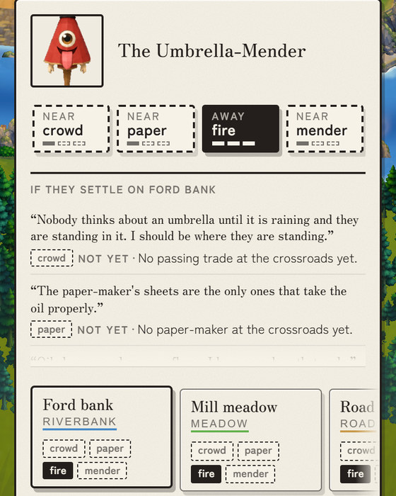 Siting on a phone: the Umbrella-Mender's card lists what each want would get on the ford bank — no passing trade at the crossroads yet, no paper-maker yet — and beneath it a row of plots to choose from: Ford bank, Mill meadow, Road.