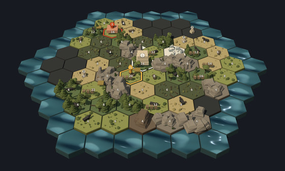 Monument late in a game: the island almost entirely revealed in forest, grass, sand and stone, a pale monument standing near the centre, only a few dark tiles left at the margins.