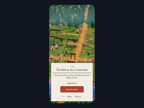The Bell at the Crossroads on a phone, asking which of two towns to keep